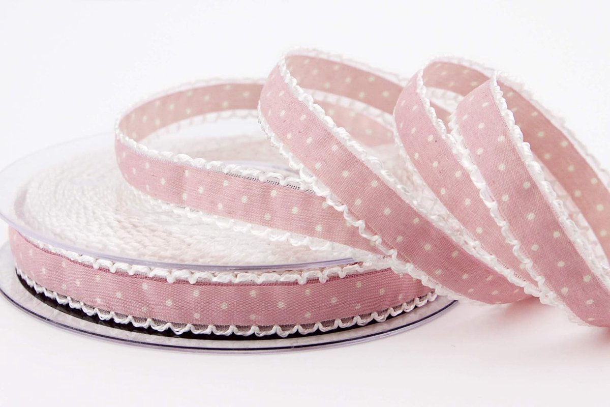 20 m x 15 mm Dekoband Emily roze gestippeld met kant op de rand lint lint lint om te naaien decoreren cadeaulint vintage landhuis