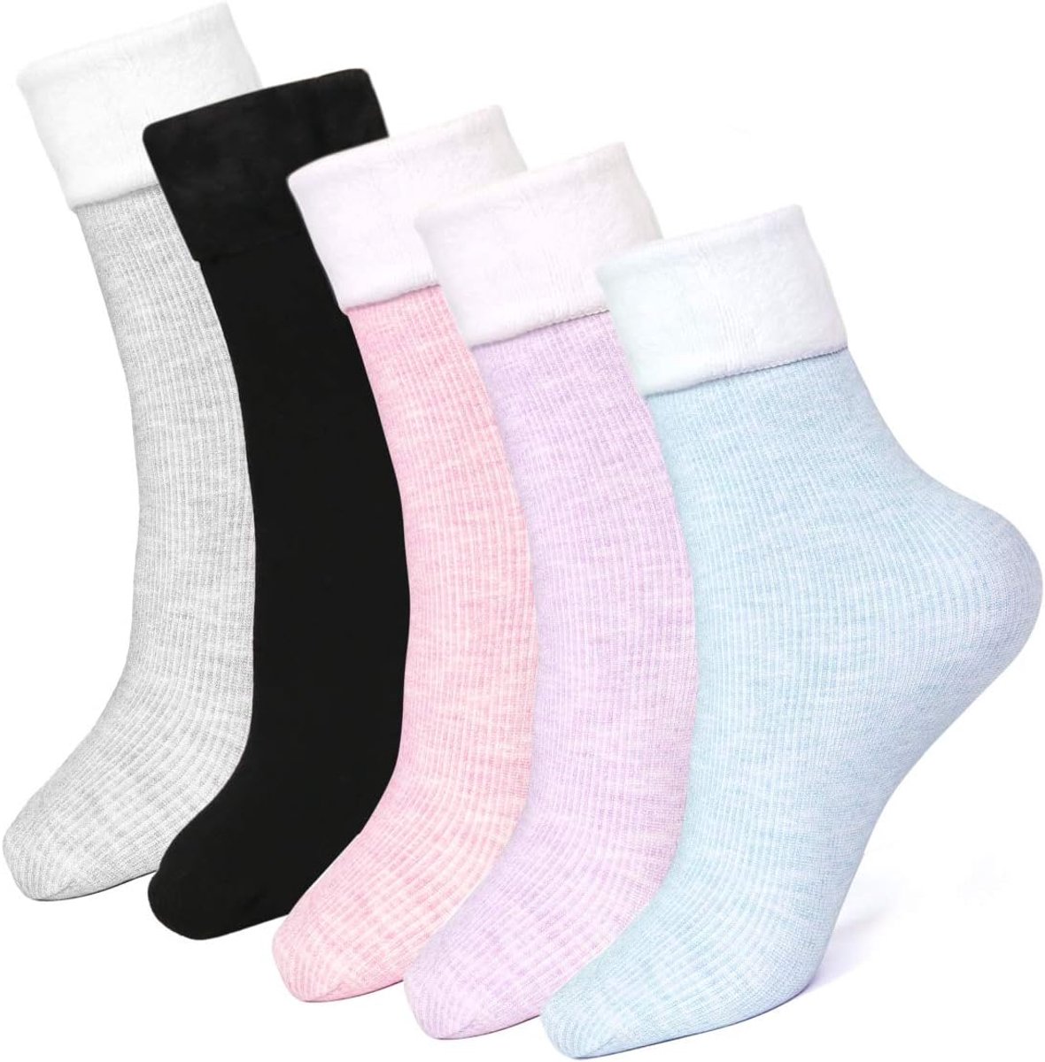 Warme huissokken 5 paar wintersokken knuffelsokken van katoen antislip thermische sokken voor volwassenen dames meisjes, maat: 35-42 zwart, paars, blauw, grijs, roze