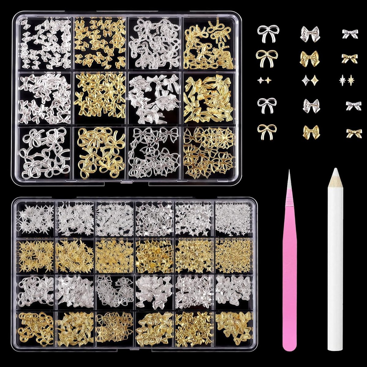 10000+stuks gouden en zilveren nagel charms kunst kit: 3D strikken, sterren, harten, kaviaar kralen en rhinestones met wax pen en pincet - luxe metallic decoratie voor DIY knutselwerk