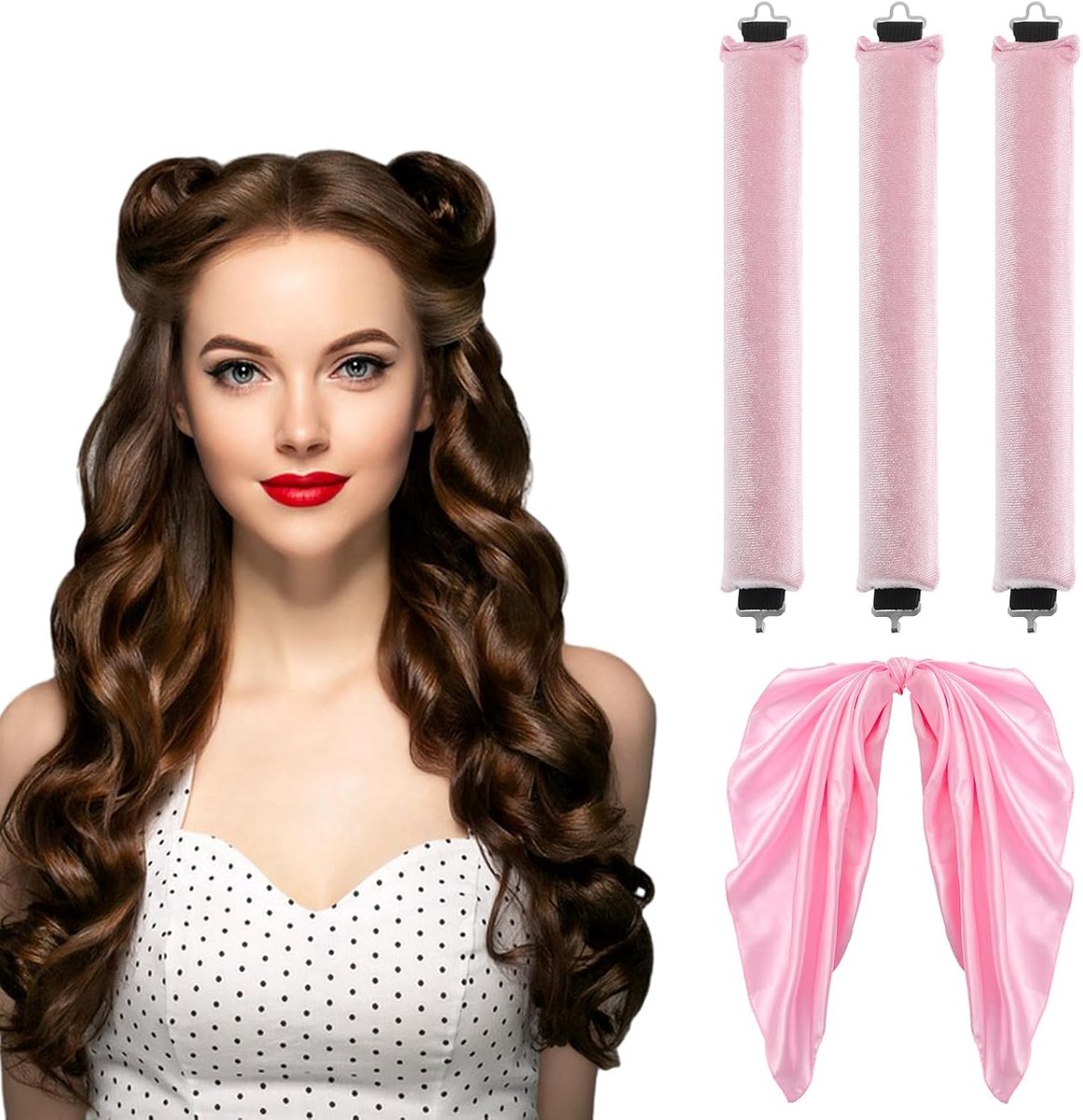 Krulspelden, hitteloze krulstaaf met haarband, nachtelijke uitblaaskrulstangen, 's nachts hitteloze scrunchie voor alle haartypes, vrouwen, doe-het-zelf haarstyling (roze)