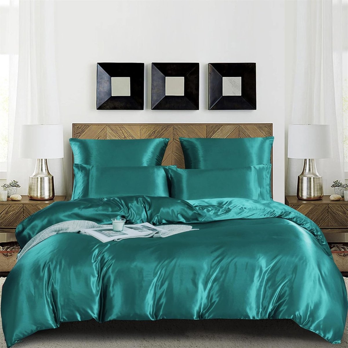 Luxueuze 3-delige Satijnen Bedlinnen Set in Glanzend Turquoise, Dekbedovertrek 200 x 220 cm met Rits en 2 Kussenslopen 80 x 80 cm, Ideaal voor Slaapkamer Decoratie en Comfort