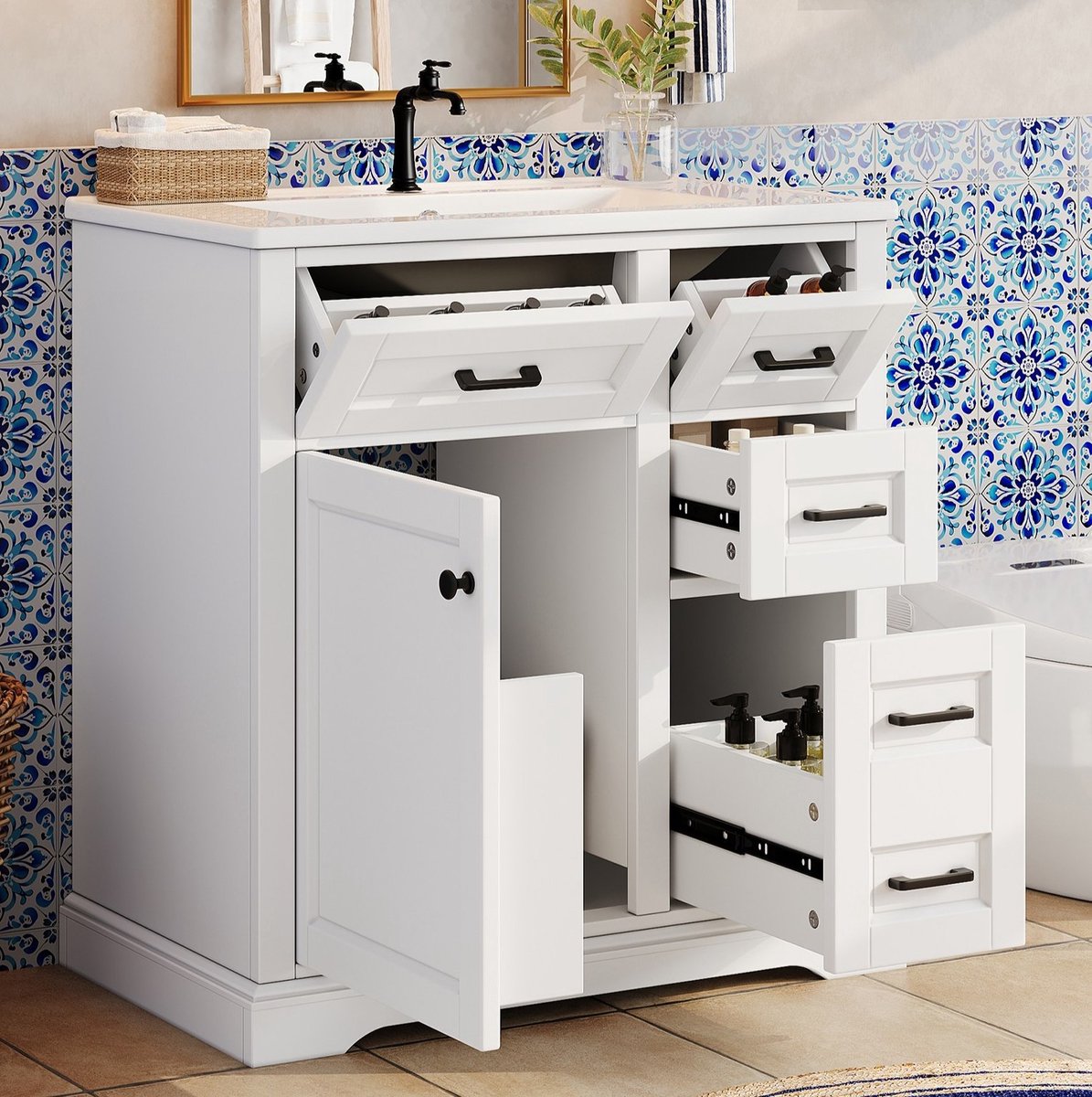 MIVRAY Badkamerkast - Witte Wastafelonderkast Met Keramische Wastafel En Soft-Close - Staand Voor Badkamer - MDF - 76x47x82 Cm