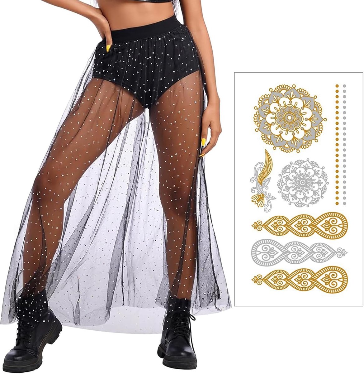 Glitterrok voor dames, mesh rok, tule rok voor dames, glitterrok, zwart, lang, maat M, 2-in-1 glitter, transparant, zwarte tule rok met pailletten, voor streetwear, club, muziekfestival, met 1