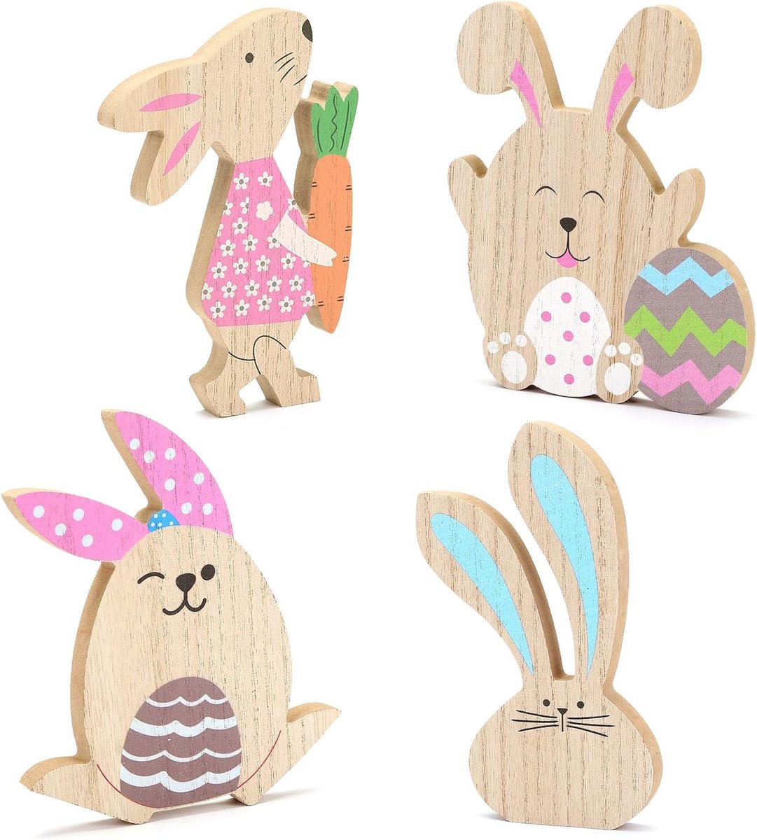 4 x hazendecoratieset, paashaas, hout, paasdecoratie, tafelstandaard, paasdecoratie, figuren voor Pasen en lente