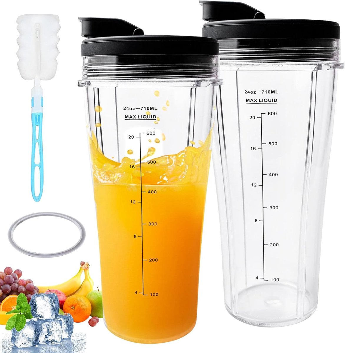 Mixer-reserveonderdelen voor Ninja, 2 stuks bekers, reserveonderdelen voor Ninja, reserveonderdelen voor mixer Ss100, Ss101, Ss300, bevat 2 flip-topdeksels, 1 rubberen afdichting, 1 potborstel (710 ml