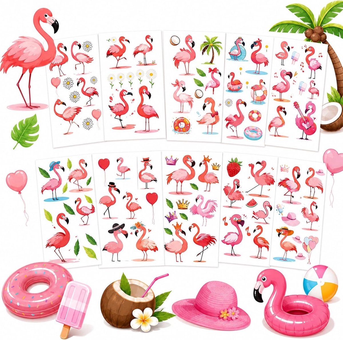 Tijdelijke Tattoo voor Kinderen, 10 Vellen Leuke Cartoon Tattoo Stickers, Hawaii Flamingo Tatoeages, Waterdichte Nep Tattoo Stickers Set voor Jongens Meisjes Verjaardagscadeau Party Bag Filler