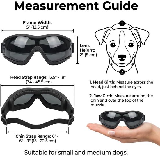Hondenbril voor kleine en middelgrote honden, uv-bescherming, verstelbaar, hondenkleding en accessoires, stijlvolle hondenveiligheidsbril tegen wind en stof, zwart met grijze glazen — afbeelding 3