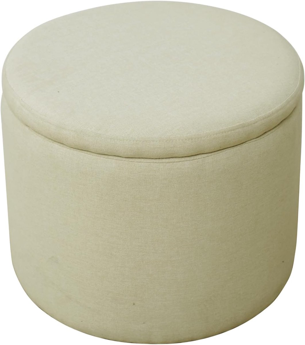 Amber opbergkist met deksel, kruk met opbergruimte, zitkruk, zitzak, zitpoef, woonaccessoires, gestoffeerde stoffen bekleding, beige