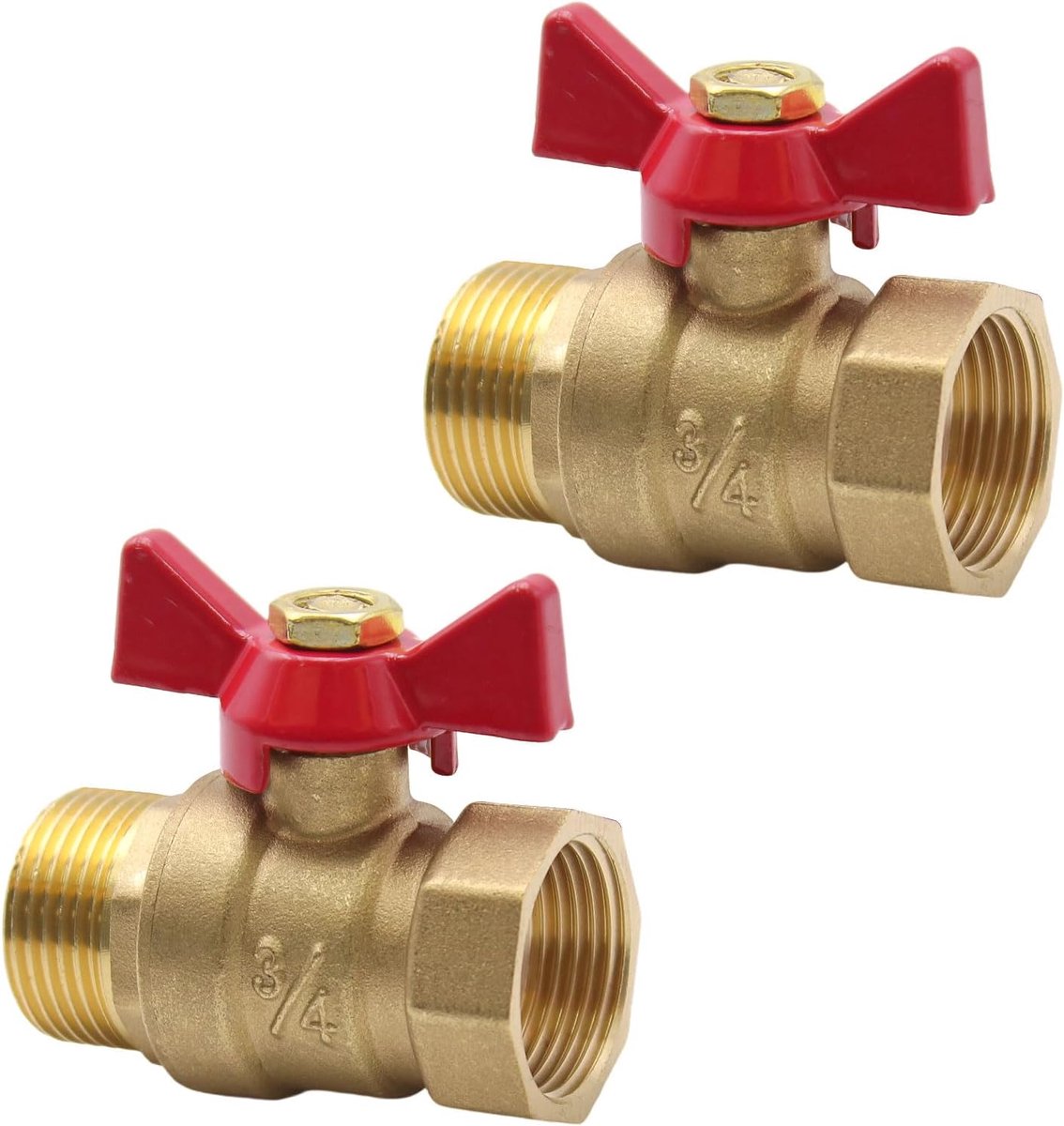 2 stuks messing kogelkraan 3/4 inch met rode vleugelgreep