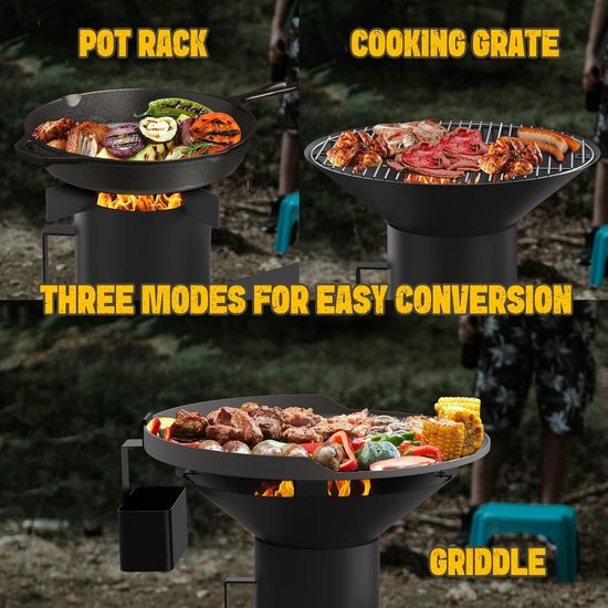 Rocket Stove met Grillplaat, Grillrooster en Pannenrooster, Draagbare Houtgestookte Campingkachel, 3 en 1 Multi-Function BBQ Grillen Campinggrill, Kooktoestel, Houtkachel — afbeelding 3
