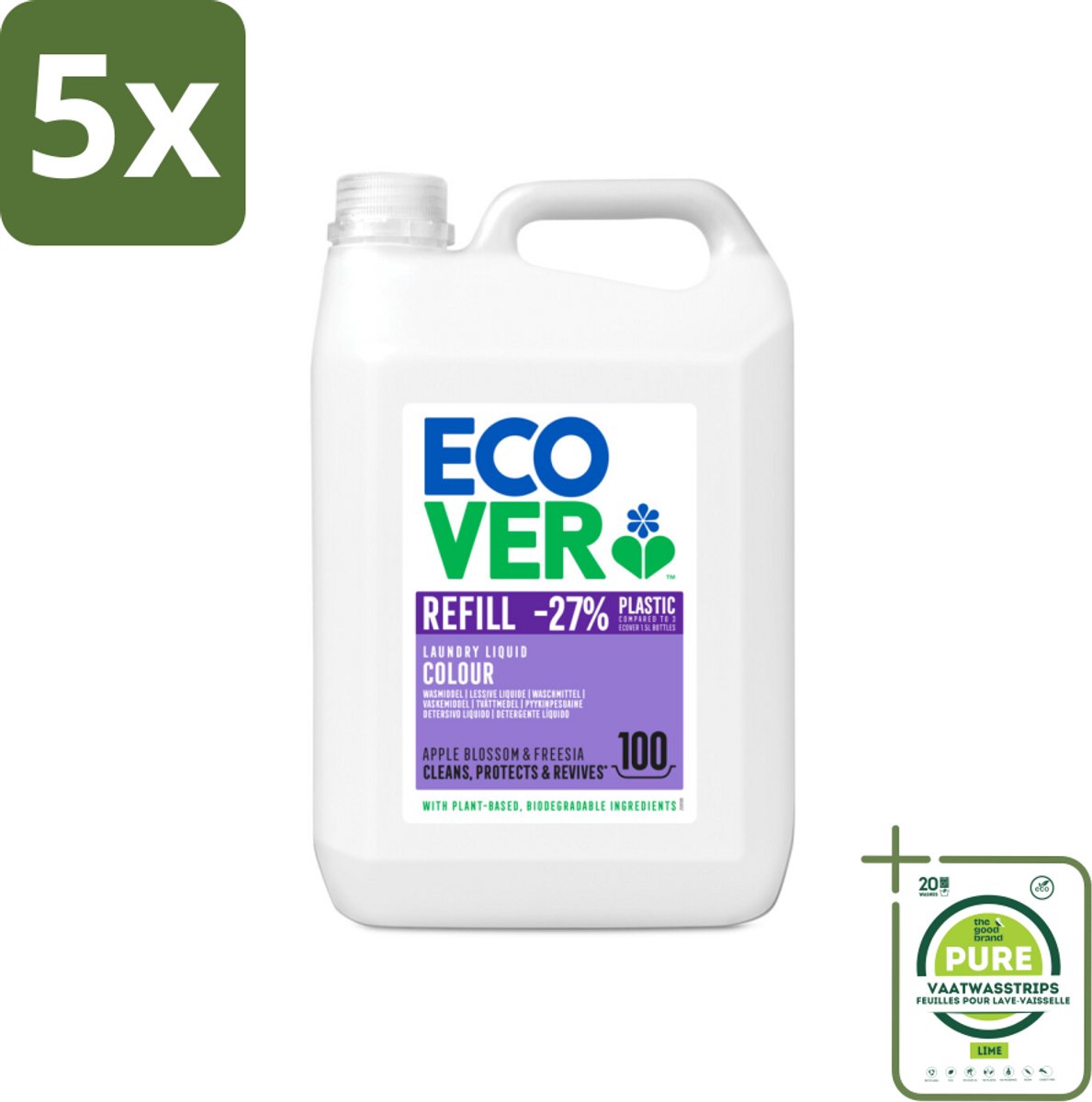5 x Ecover - Vloeibaar wasmiddel - Color - Appelbloesem & Freesia - 5 liter - 100 wasbeurten - Grootverpakking - Wasmiddel - Vloeibaar Wasmiddel - Biologisch Wasmiddel - Plantaardig Wasmiddel - Wasmiddel Kleur