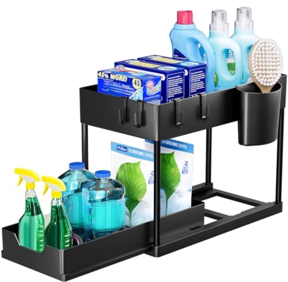 Huis Geluk Opbergrek voor onder de gootsteen, 2 niveaus met uitschuiflade, multifunctioneel, voor keuken, badkamer, wasruimte, zwart