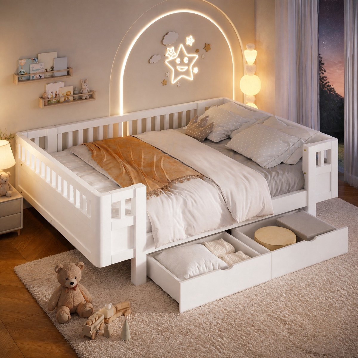 MIVRAY Kinderbed 140x200 cm Zonder Matras - Bed met Hoge Valbeveiliging en 2 Laden - Opbergruimte voor Kinderkamer - Hout - Wit
