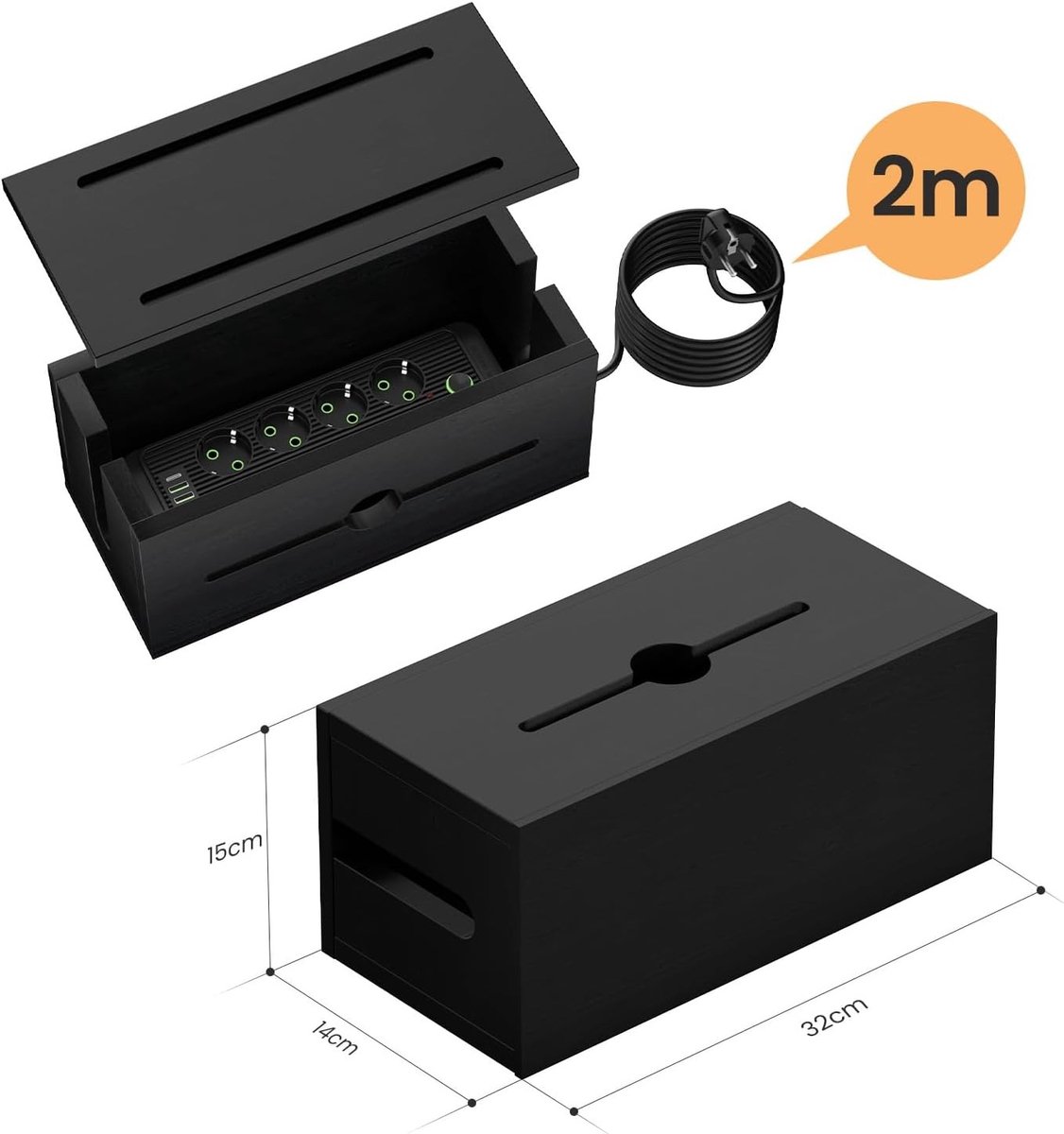 Houten Kabelbox met Stekkerdoos - Bruin - 200 cm Verlengkabel - Organizer met 8 Stopcontacten en 4 USB Poorten - Voor Thuis en Kantoor
