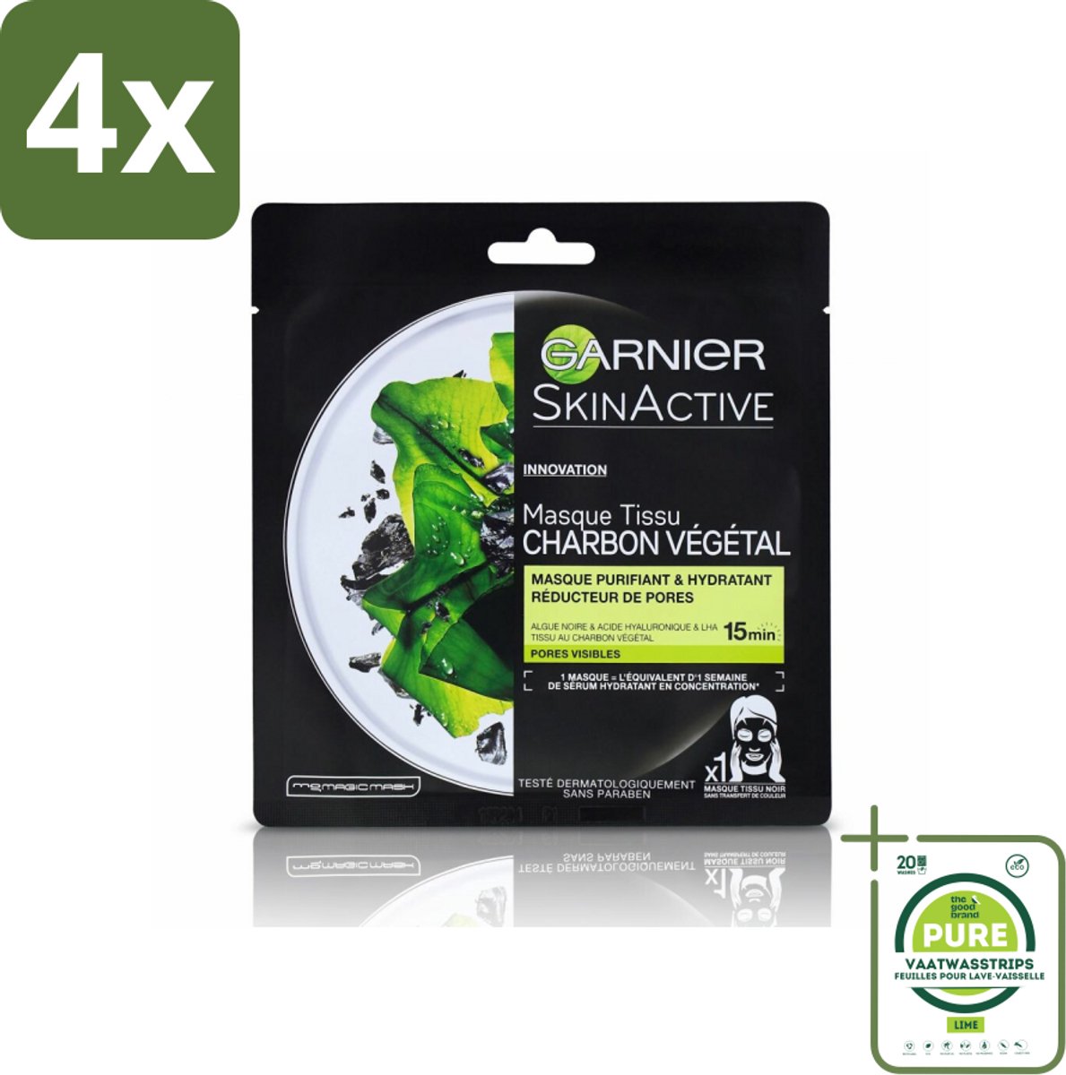 Garnier - SkinActive - Tissue Masker - Charcoal - 1 Gezichtsmasker - Voordeelverpakking - 4 stuks - Huid masker - Houtskool masker