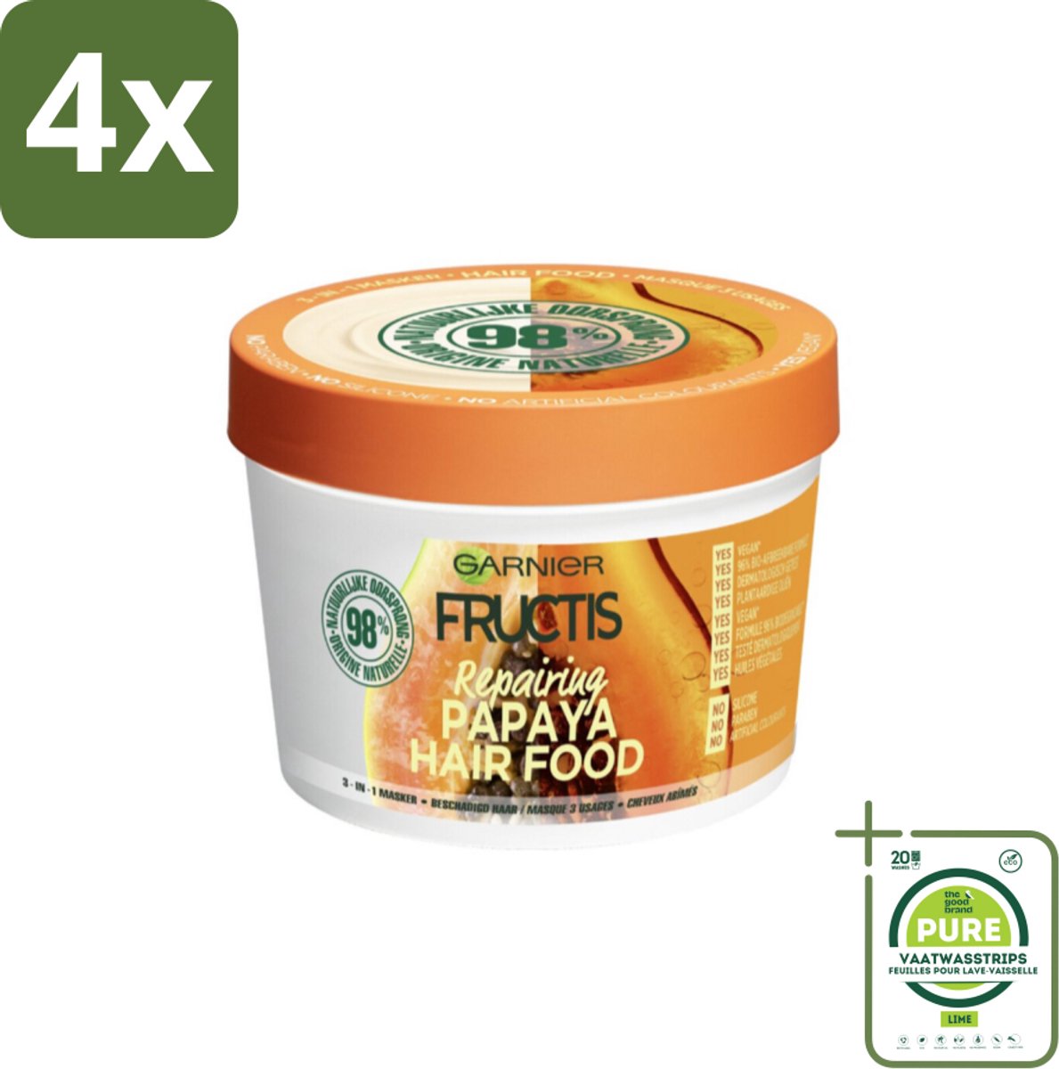 Garnier - Fructis Hair Food Papaya - 3-in-1 Haarmasker - Beschadigd Haar - 400 ml - Voordeelverpakking - 4 stuks - Haar masker - Papaya