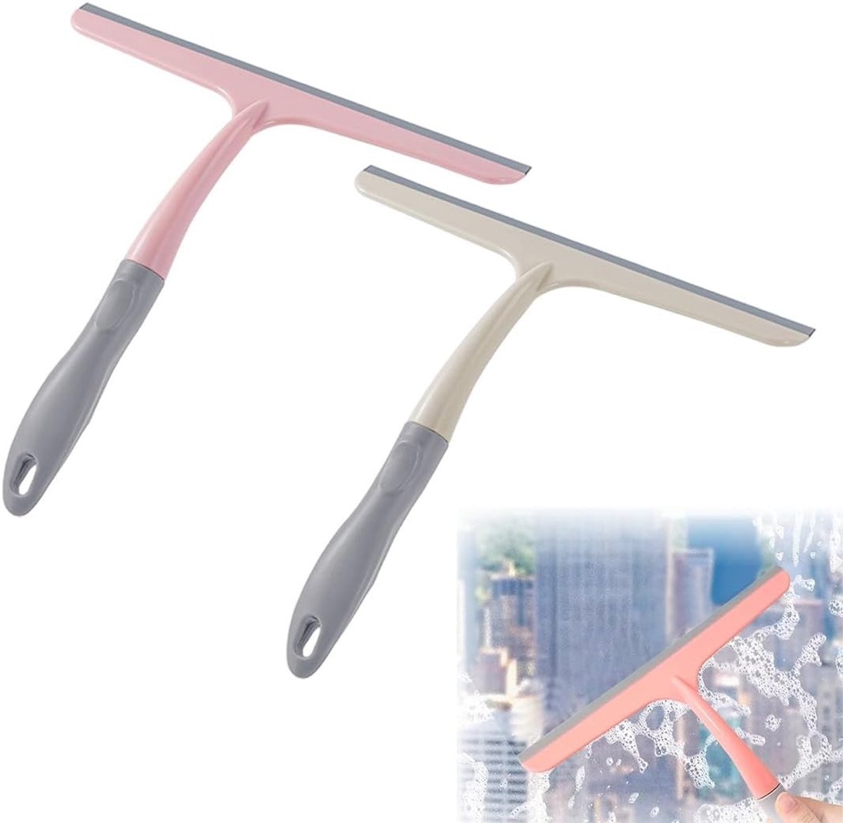 SnelShoppen - 2 stuks Rakelset - Beige en Roze Schraper Combo - Raam- en Doucheglasreiniger - 24,5 x 25 cm - Efficiënt voor Badkamer en Keuken