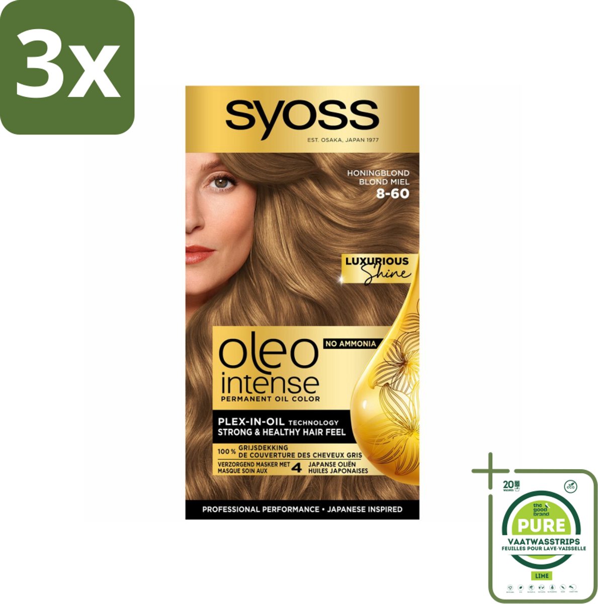 3 x SYOSS - Oleo Intense 8-60 Honing Blond - Haarverf - Zonder Ammoniak - Grijsdekking - Langdurige Kleur - Grootverpakking - Permanente Haarkleur - Haarkleur - Haarkleur Zonder Ammoniak - Haarkleuring - Olie-formule