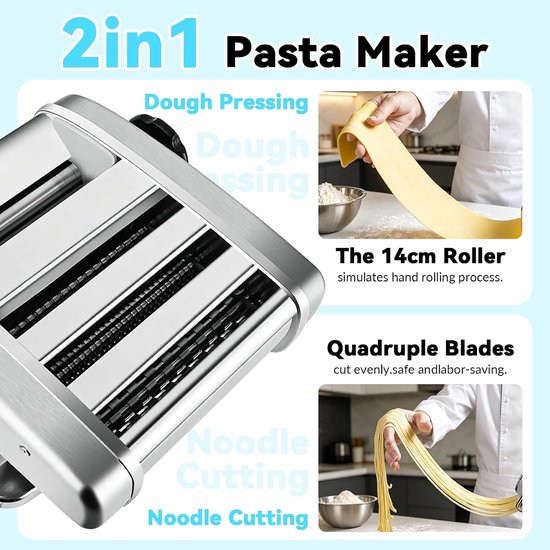 SnelShoppen - Elektrische pastamachine met 9 instelbare diktes 0,5-5 mm, voor spaghetti en lasagne, met 2 mesbreedtes, maak verse noedels in 20 minute van Snelshoppen — afbeelding 3