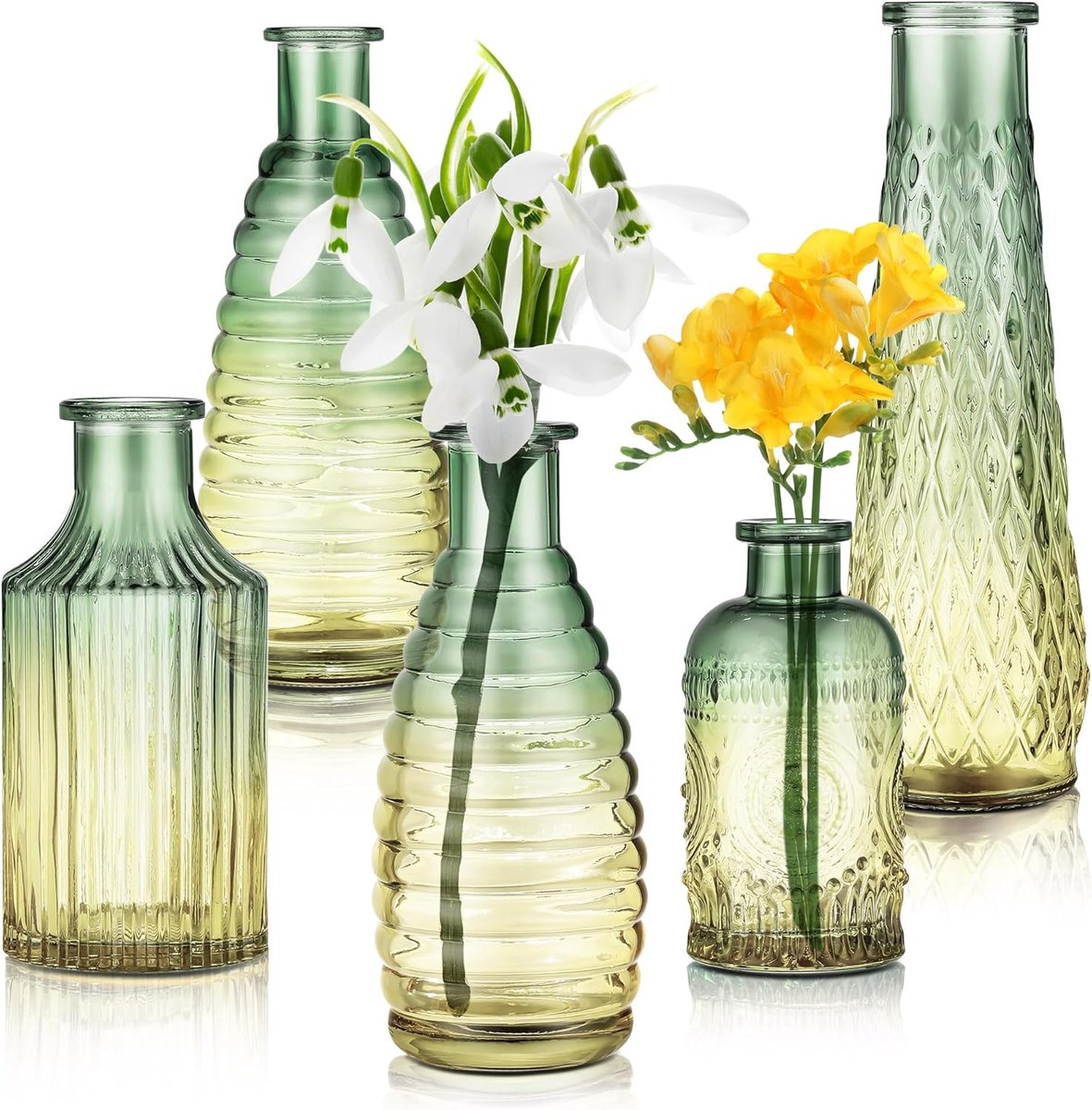 SnelShoppen - Set van 5 kleine glazen vaasjes, mini bloempotjes, multicolor, gemengde geometrische en bloemmotieven, vintage flesvorm, perfect voor wo
