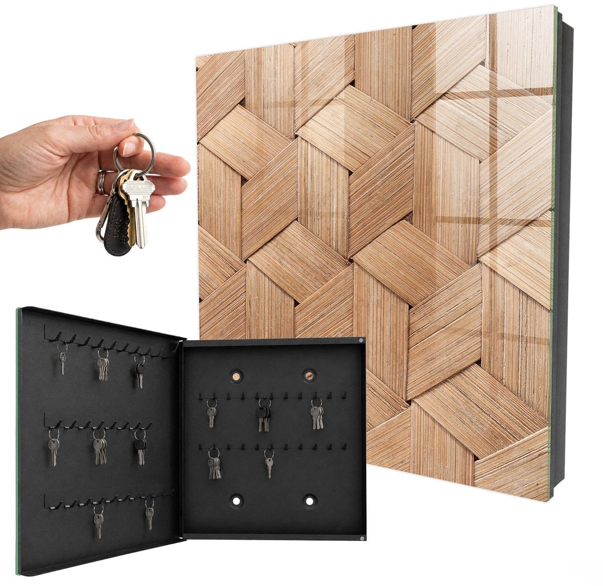 WallMuralia - Sleutelkast - 30x30x5 cm - met 50 haken - De Geometrie Van De Natuur Sleutelkastje Landelijk - Bruin Sleutelbox - Linksopenend - Zwart interieur