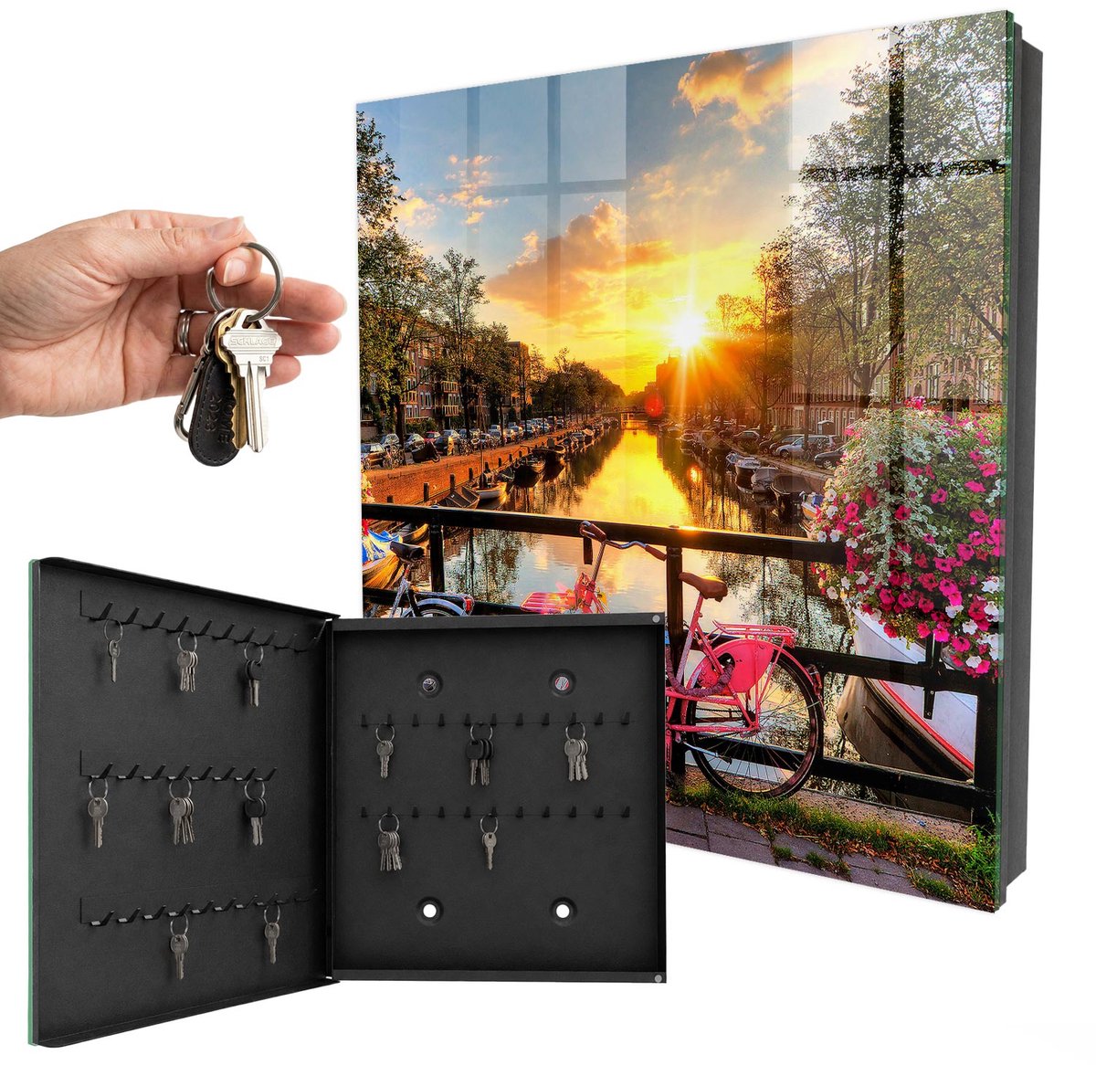 WallMuralia - Sleutelkast - 30x30x5 cm - met 50 haken - Stedelijk Westen Sleutelkastje Landelijk - Oranje Sleutelbox - Linksopenend - Zwart interieur