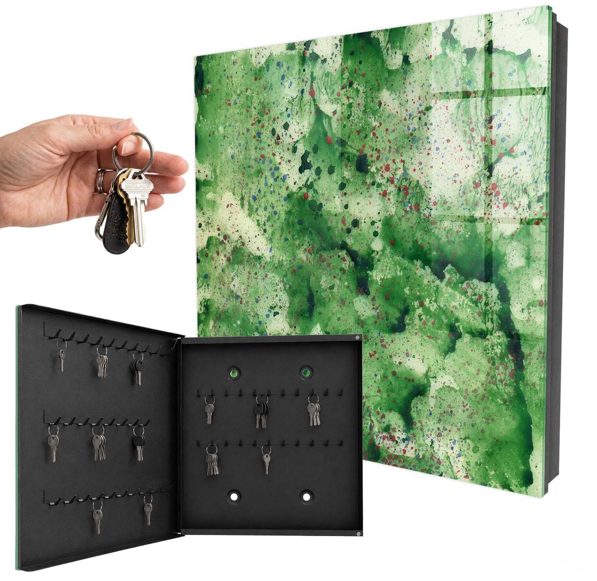 WallMuralia - Sleutelkast - 30x30x5 cm - met 50 haken - Groene Chaos Sleutelkastje Huis - Groente Sleutelbox - Linksopenend - Zwart interieur