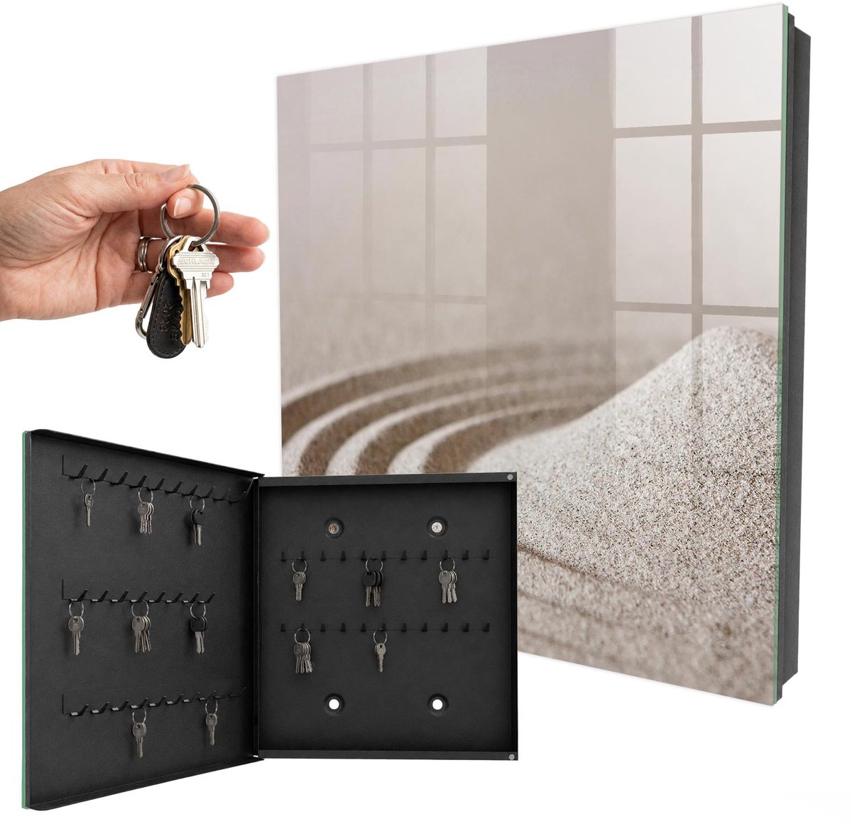 WallMuralia - Sleutelkast - 30x30x5 cm - met 50 haken - Zen-Tuin Groot Sleutelkastje - Beige Sleutelbox - Linksopenend - Zwart interieur
