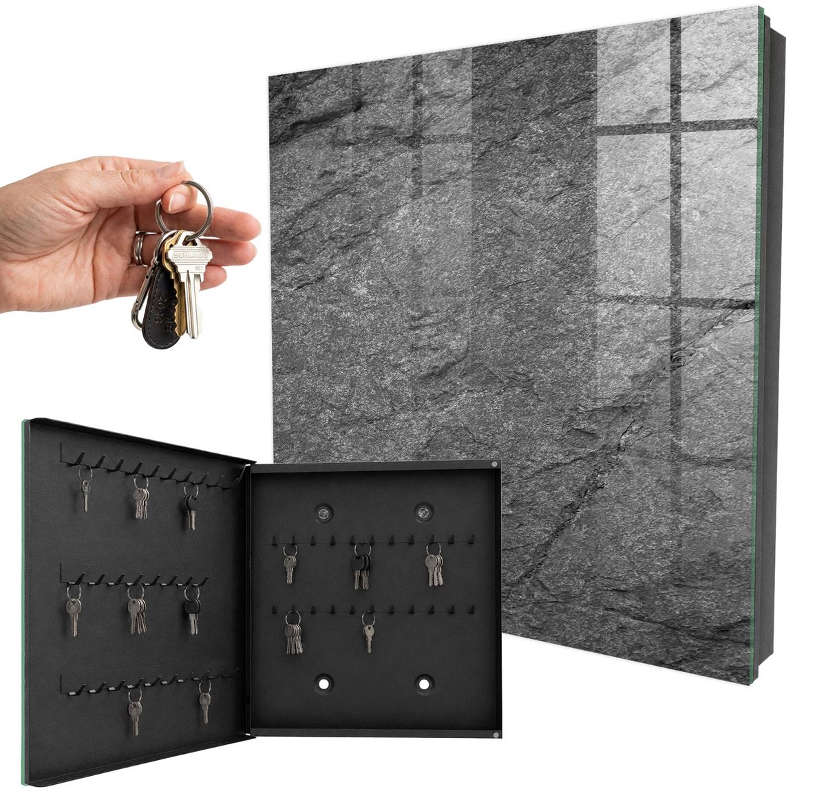 WallMuralia - Sleutelkast - 30x30x5 cm - met 50 haken - Grijze Steen Sleutelkastje Binnen - Grijs Sleutelbox - Linksopenend - Zwart interieur