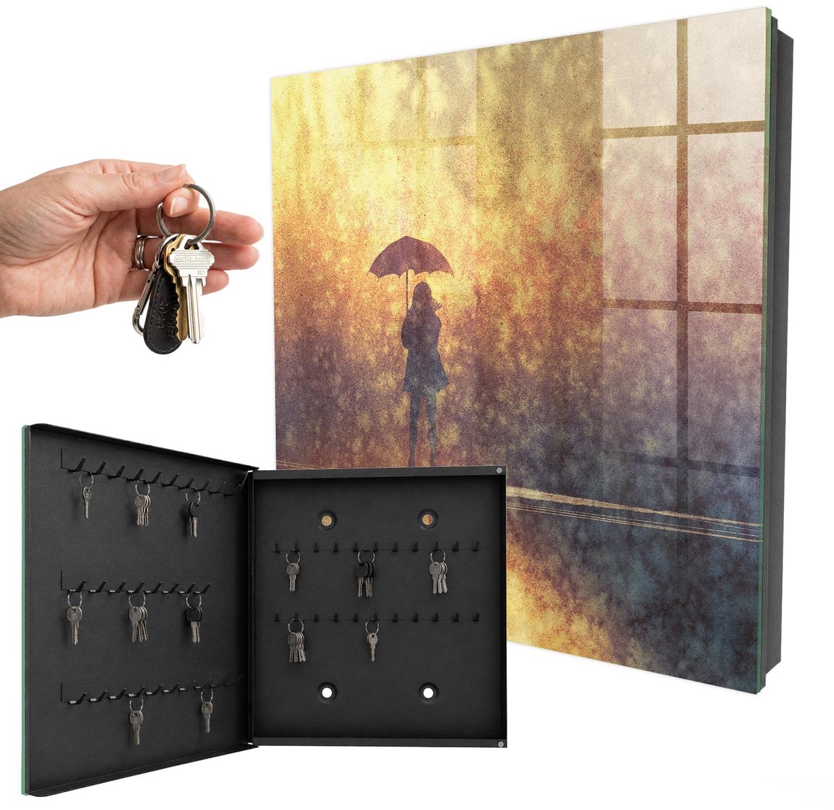 WallMuralia - Sleutelkast - 30x30x5 cm - met 50 haken - Warme Melancholie Leuk Sleutelkastje - Geel Sleutelbox - Linksopenend - Zwart interieur