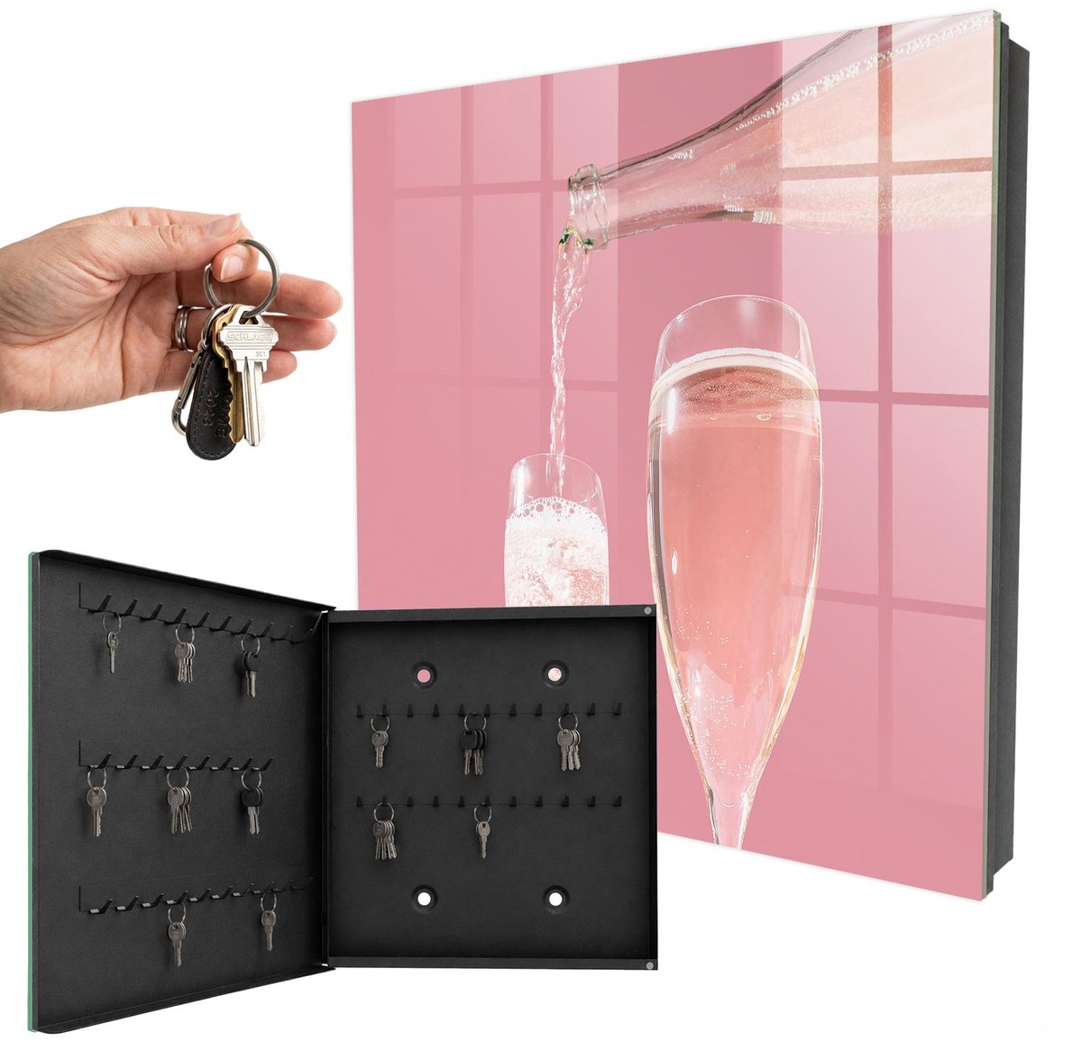 WallMuralia - Sleutelkast - 30x30x5 cm - met 50 haken - Champagneglazen Sleutelkastje Hal - Roze Sleutelbox - Linksopenend - Zwart interieur