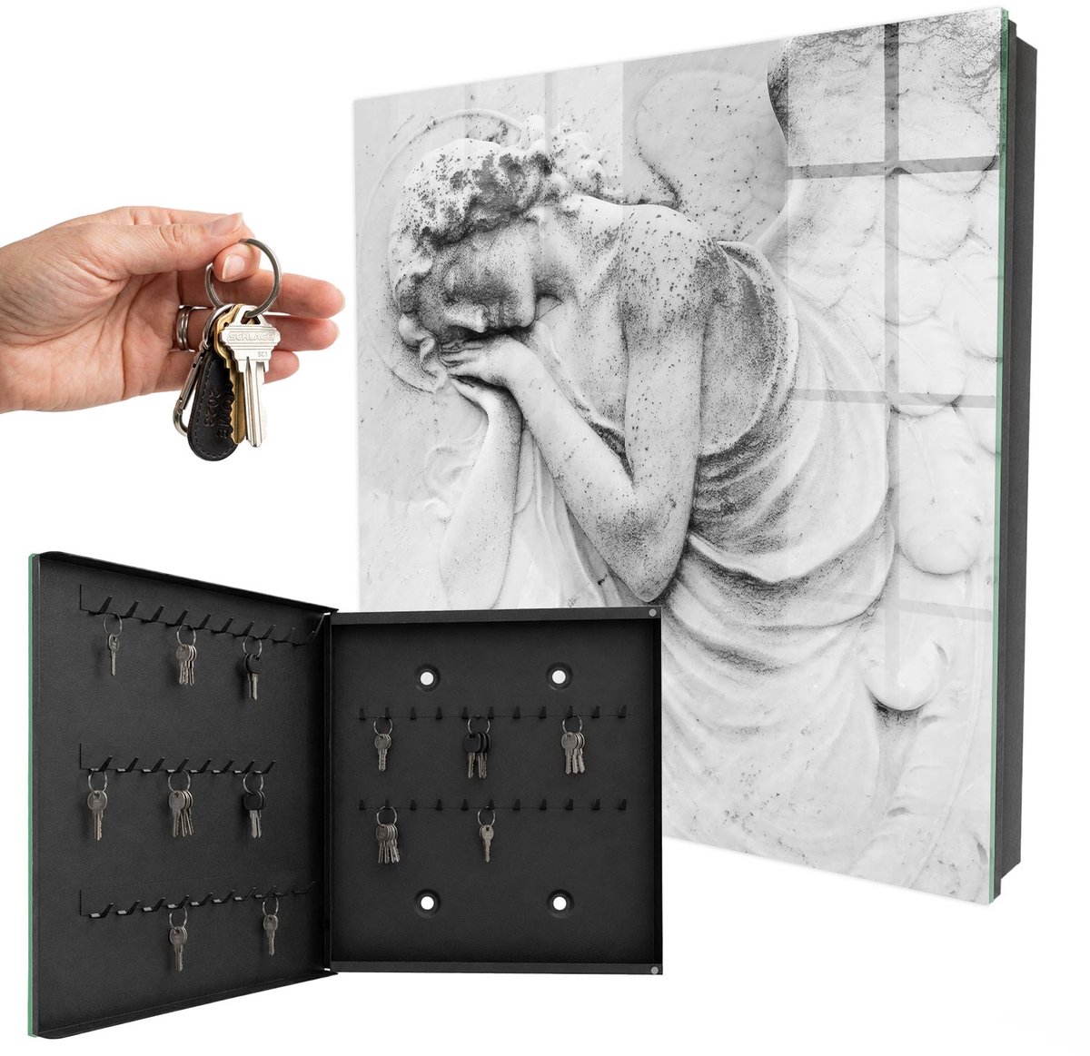 WallMuralia - Sleutelkast - 30x30x5 cm - met 50 haken - Engelenverlichting Design Sleutelkastje - Wit Sleutelbox - Linksopenend - Zwart interieur