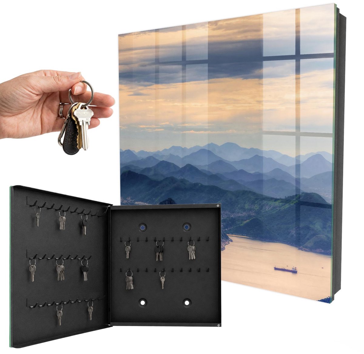 WallMuralia - Sleutelkast - 30x30x5 cm - met 50 haken - Berglandschap Sleutelkastje Muur - Blauw Sleutelbox - Linksopenend - Zwart interieur
