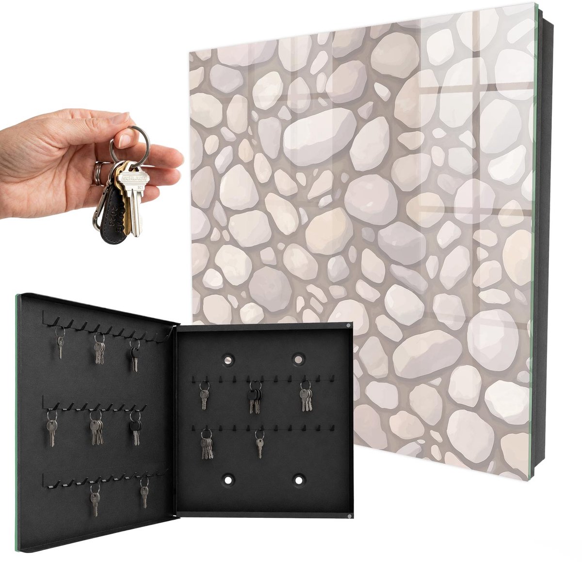 WallMuralia - Sleutelkast - 30x30x5 cm - met 50 haken - Stenen Constructie Sleutelkastje Hal - Beige Sleutelbox - Linksopenend - Zwart interieur