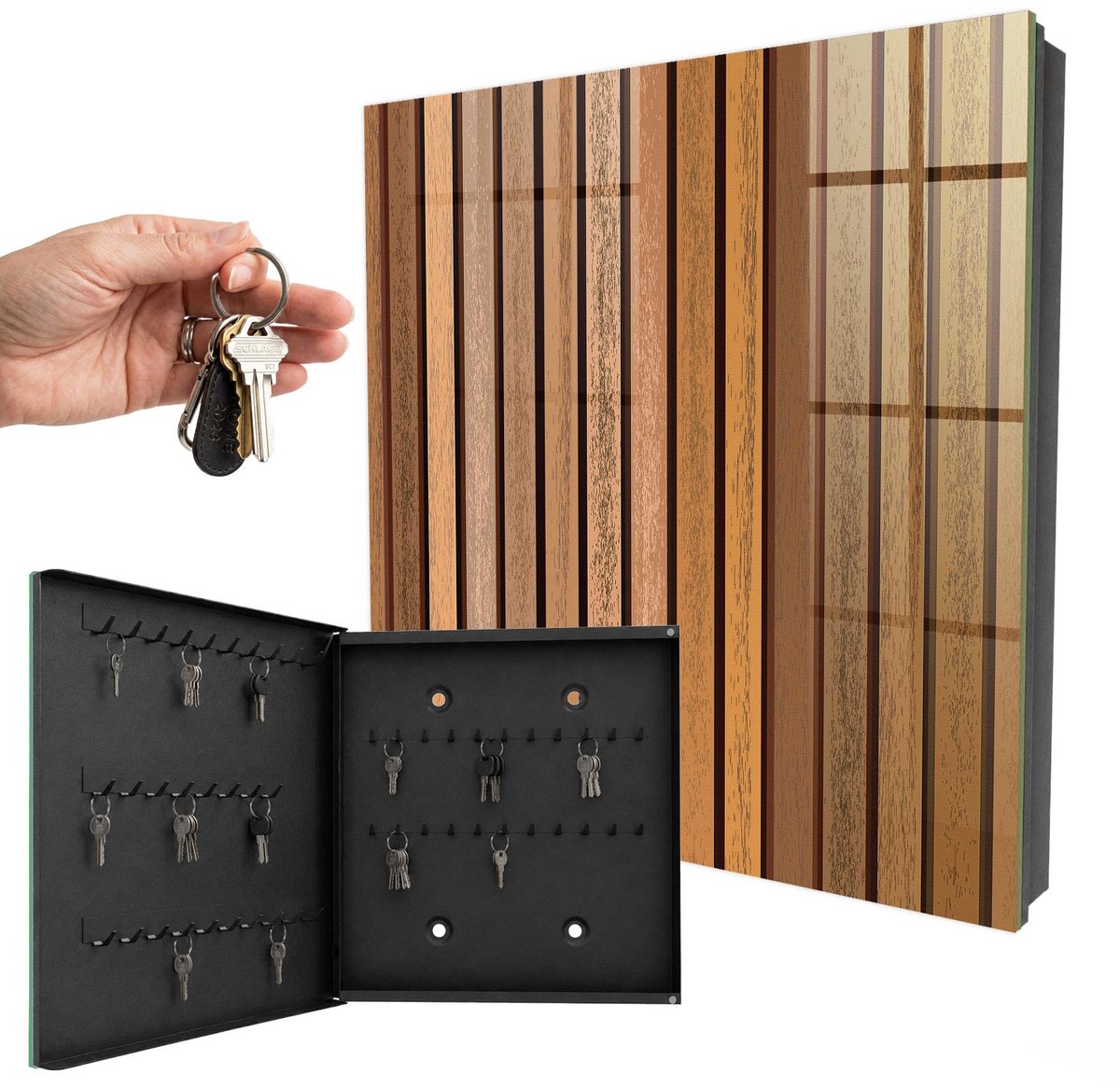 WallMuralia - Sleutelkast - 30x30x5 cm - met 50 haken - Warme Lijnen Sleutelkastje Klein - Bruin Sleutelbox - Linksopenend - Zwart interieur