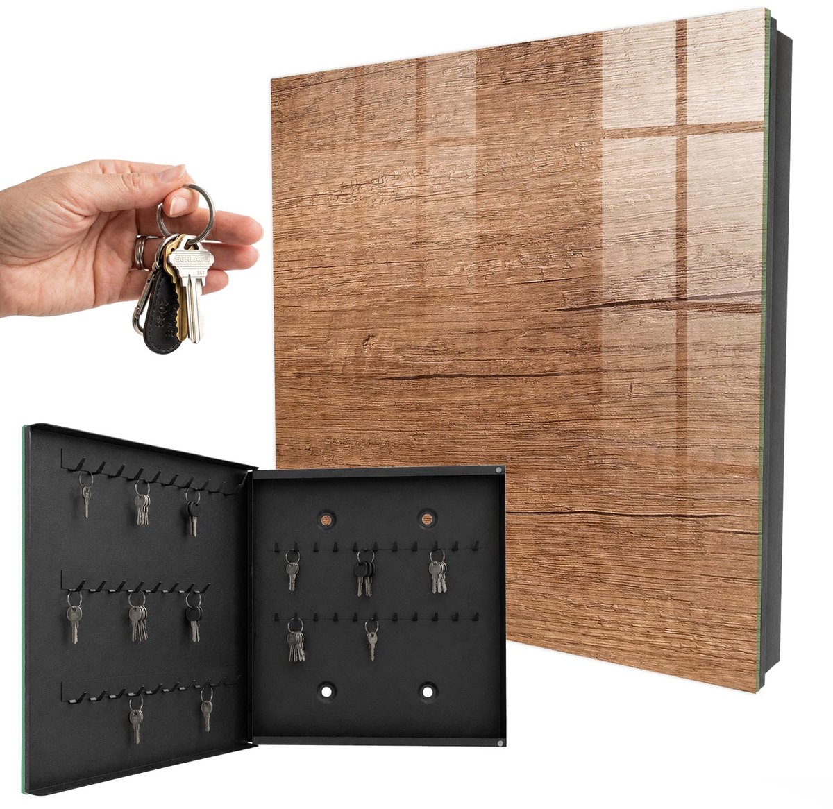 WallMuralia - Sleutelkast - 30x30x5 cm - met 50 haken - Houtstructuur Sleutelkastje Industrieel - Bruin Sleutelbox - Linksopenend - Zwart interieur