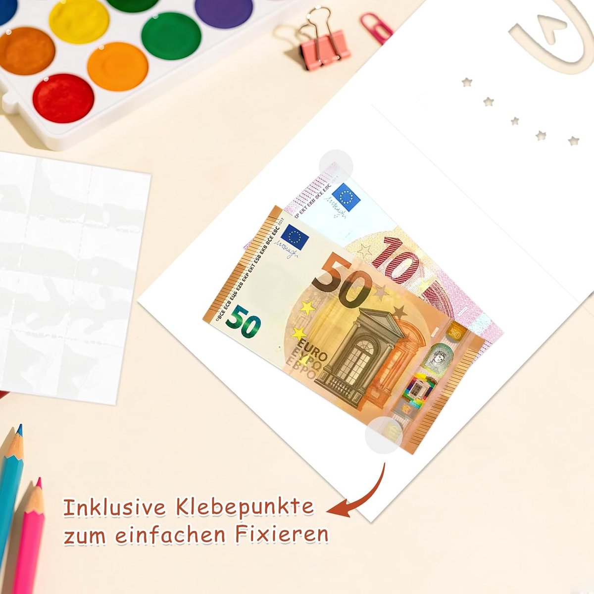 Geldcadeau voor de eerste schooldag, regenboog met enveloppen, eerste