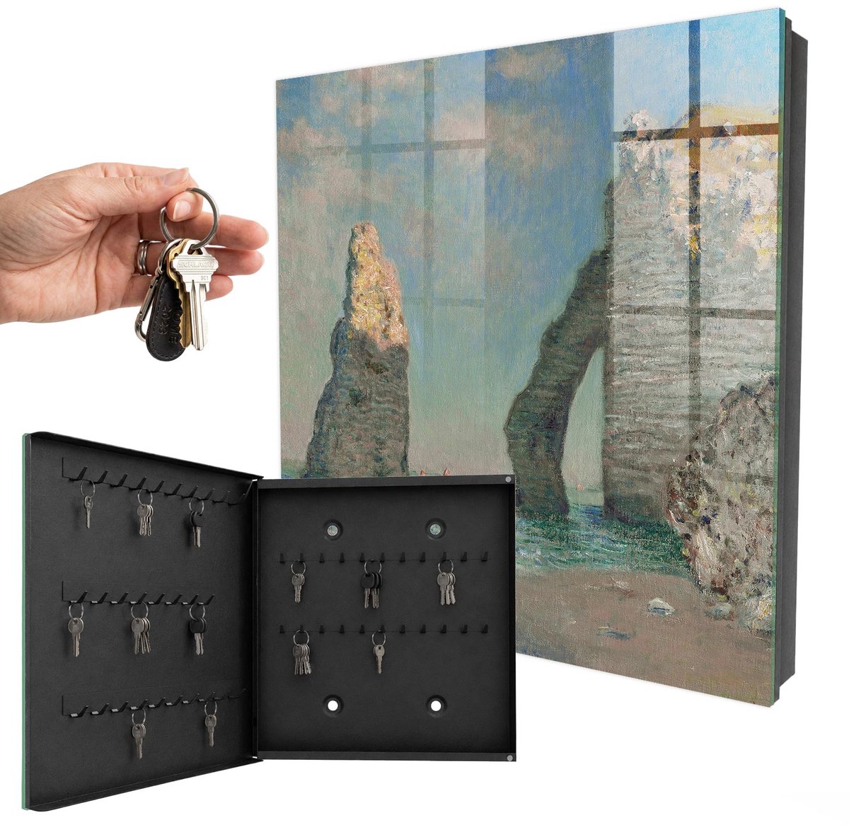 WallMuralia - Sleutelkast - 30x30x5 cm - met 50 haken - Zeekliffen Sleutelkastje Industrieel - Blauw Sleutelbox - Linksopenend - Zwart interieur