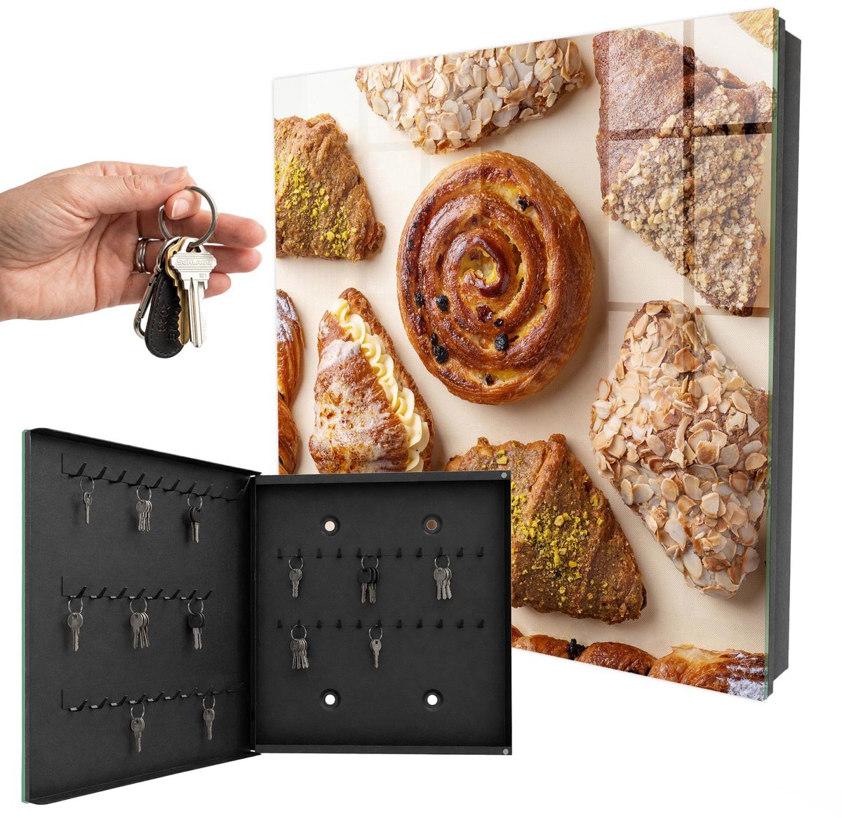 WallMuralia - Sleutelkast - 30x30x5 cm - met 50 haken - Zoete Lekkernijen Sleutelkastje Binnen - Bruin Sleutelbox - Linksopenend - Zwart interieur