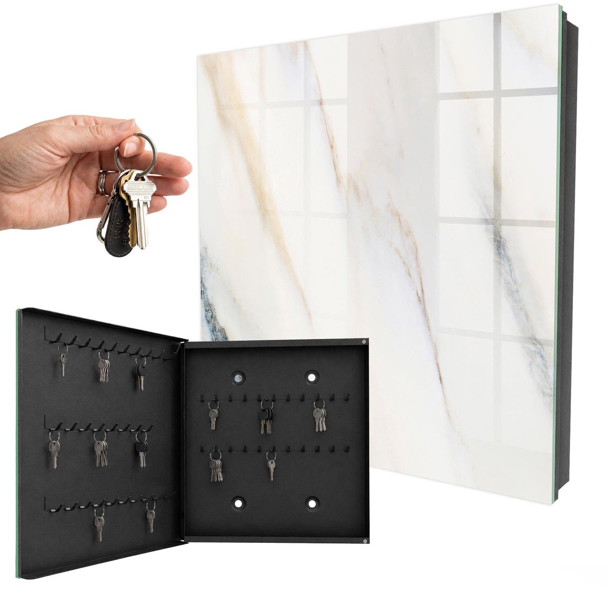 WallMuralia - Sleutelkast - 30x30x5 cm - met 50 haken - Gemarmerd Effect Sleutelkastje Modern - Beige Sleutelbox - Linksopenend - Zwart interieur