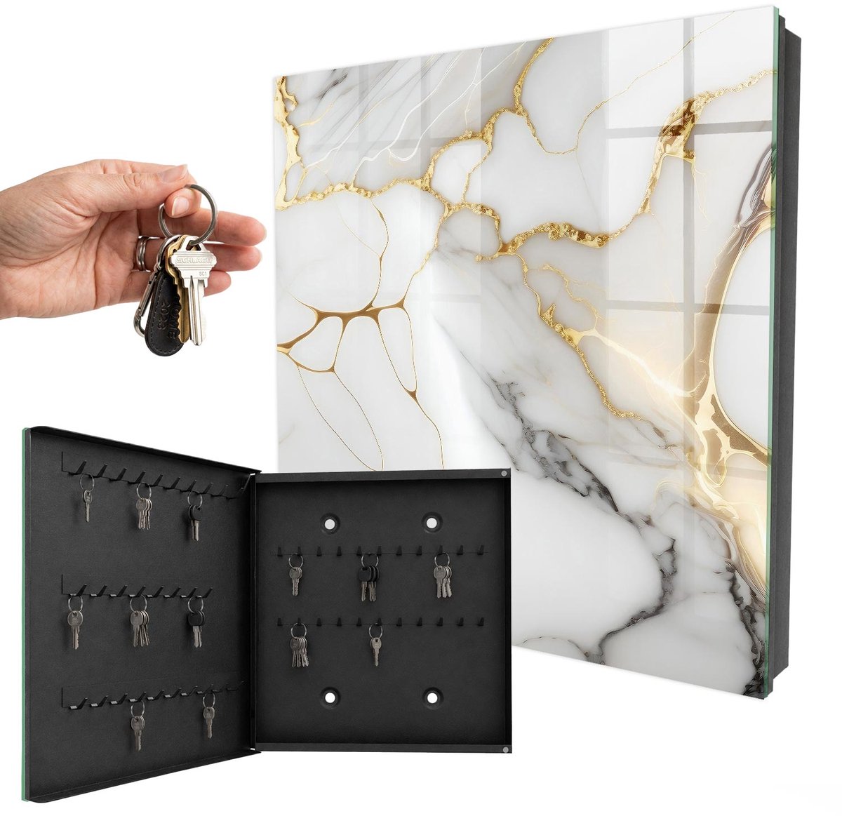 WallMuralia - Sleutelkast - 30x30x5 cm - met 50 haken - Marmeren Elegantie Leuk Sleutelkastje - Wit Sleutelbox - Linksopenend - Zwart interieur