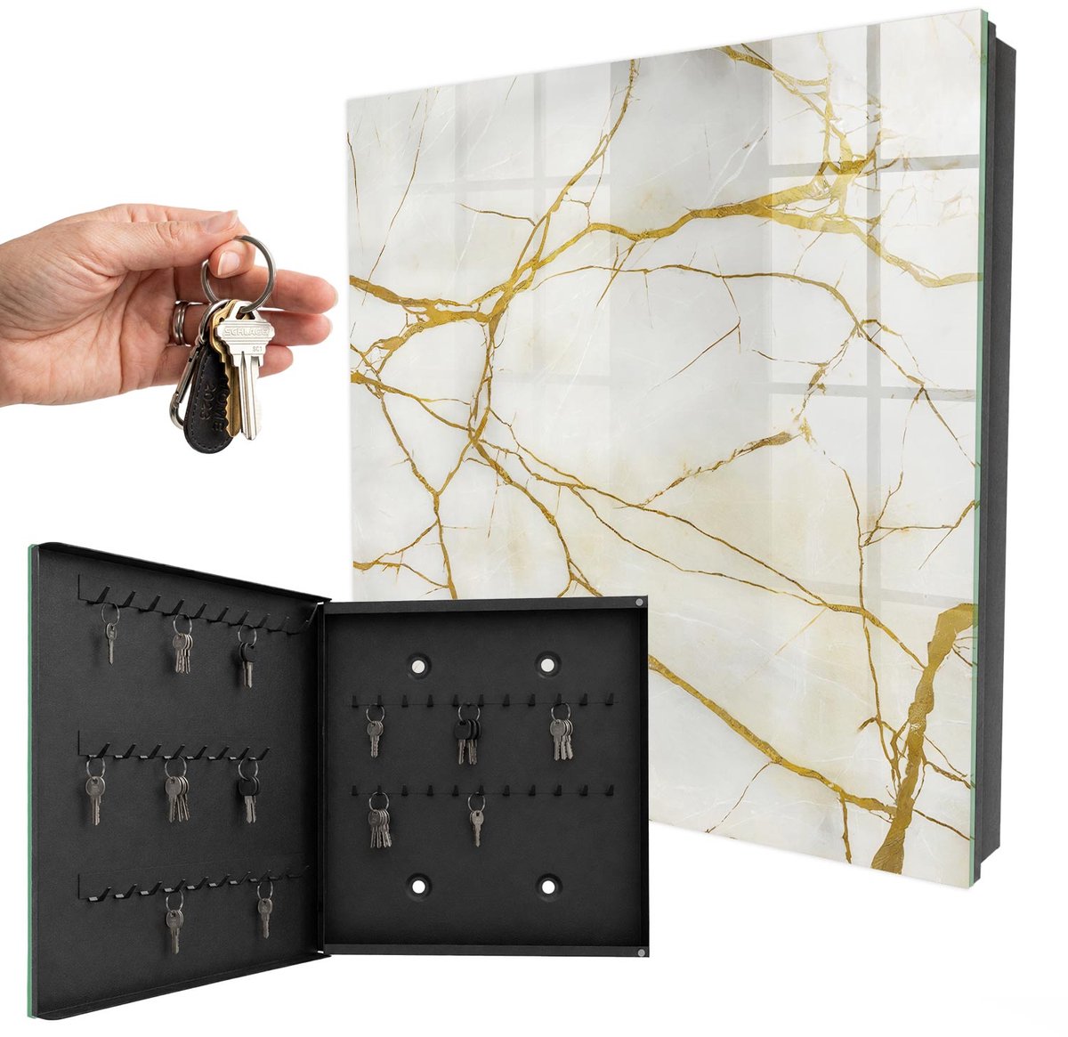 WallMuralia - Sleutelkast - 30x30x5 cm - met 50 haken - Elegant Marmer Leuk Sleutelkastje - Wit Sleutelbox - Linksopenend - Zwart interieur