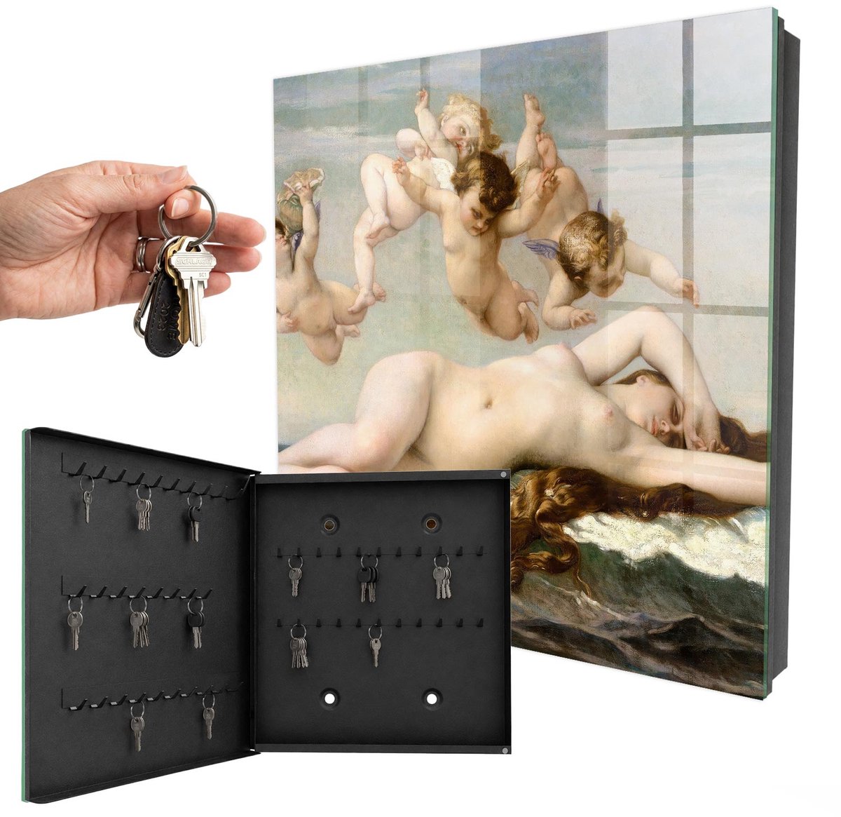 WallMuralia - Sleutelkast - 30x30x5 cm - met 50 haken - De Geboorte Van Venus Door Alexander Cabanel Sleutelkastje - Beige Sleutelbox - Linksopenend - Zwart interieur