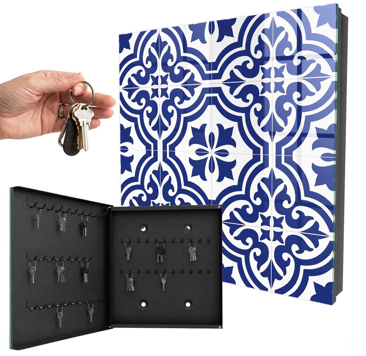 WallMuralia - Sleutelkast - 30x30x5 cm - met 50 haken - Geometrische Schoonheid Sleutelkastje Modern - Blauw Sleutelbox - Linksopenend - Zwart interieur