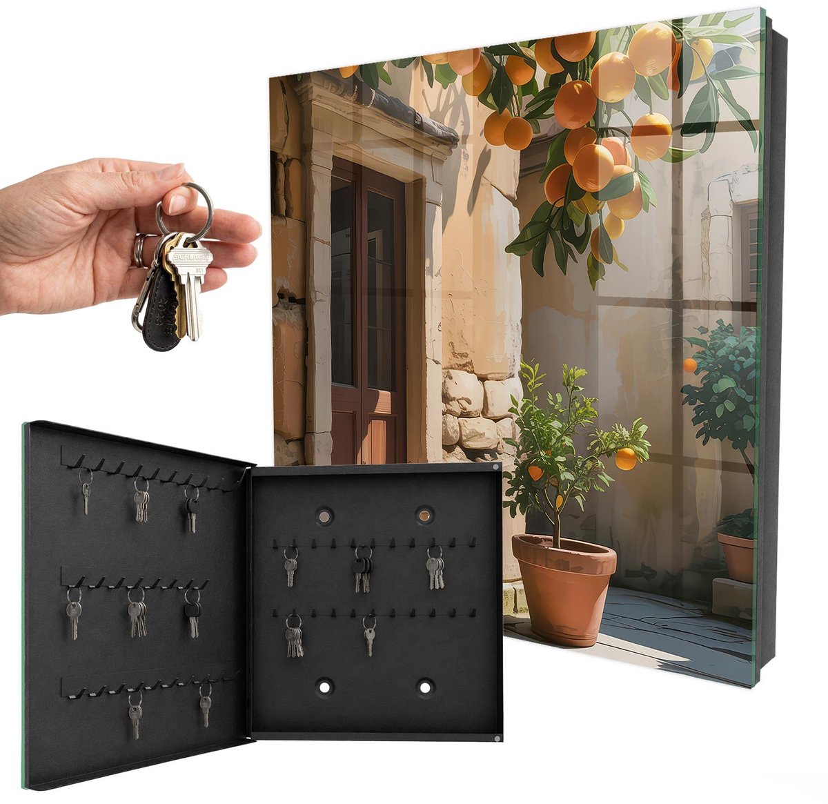 WallMuralia - Sleutelkast - 30x30x5 cm - met 50 haken - Oranje Toevluchtsoord Sleutelkastje Voor Binnen - Oranje Sleutelbox - Linksopenend - Zwart interieur