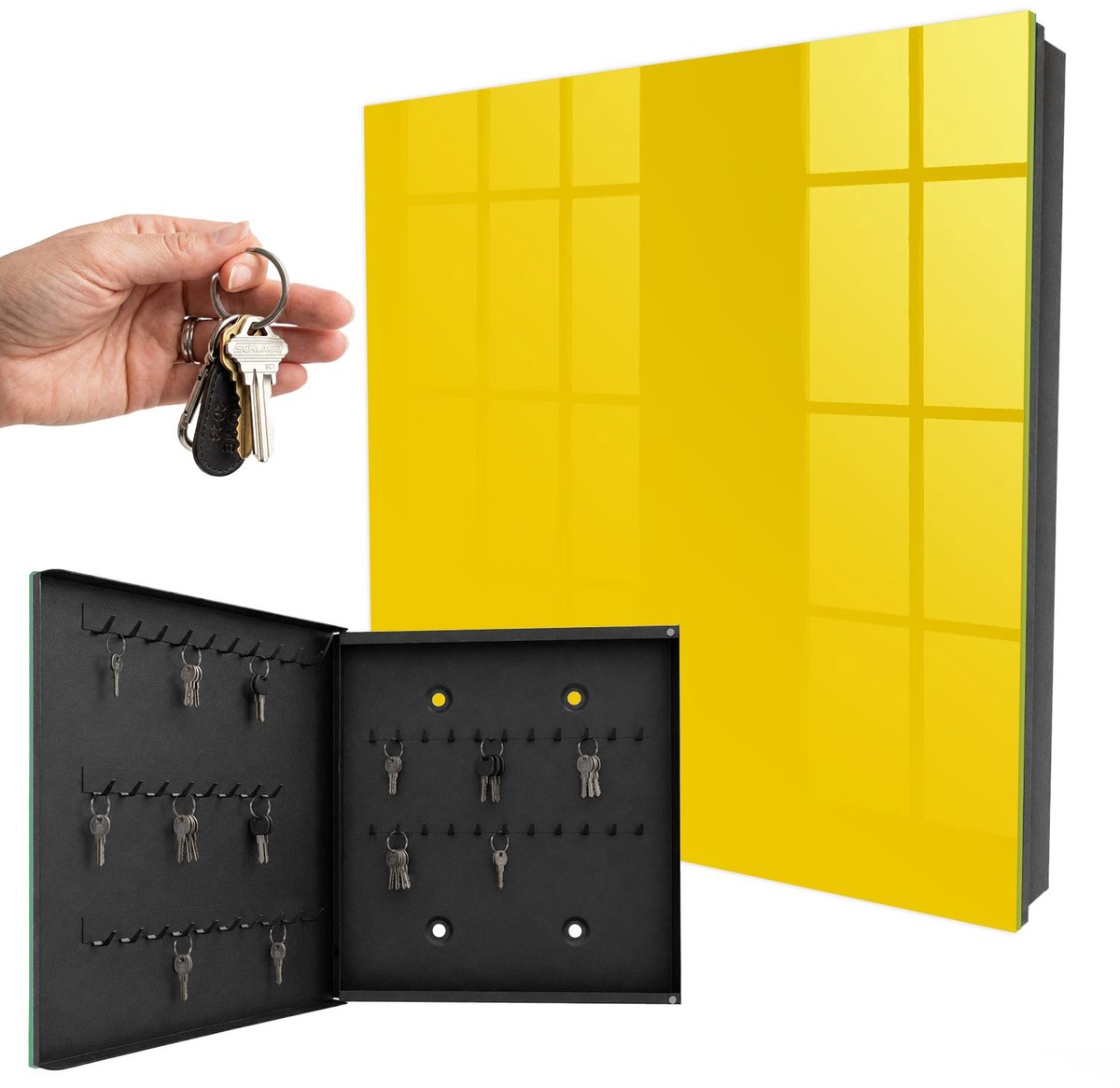 WallMuralia - Sleutelkast - 30x30x5 cm - met 50 haken - Intens Geel Leuk Sleutelkastje - Geel Sleutelbox - Linksopenend - Zwart interieur