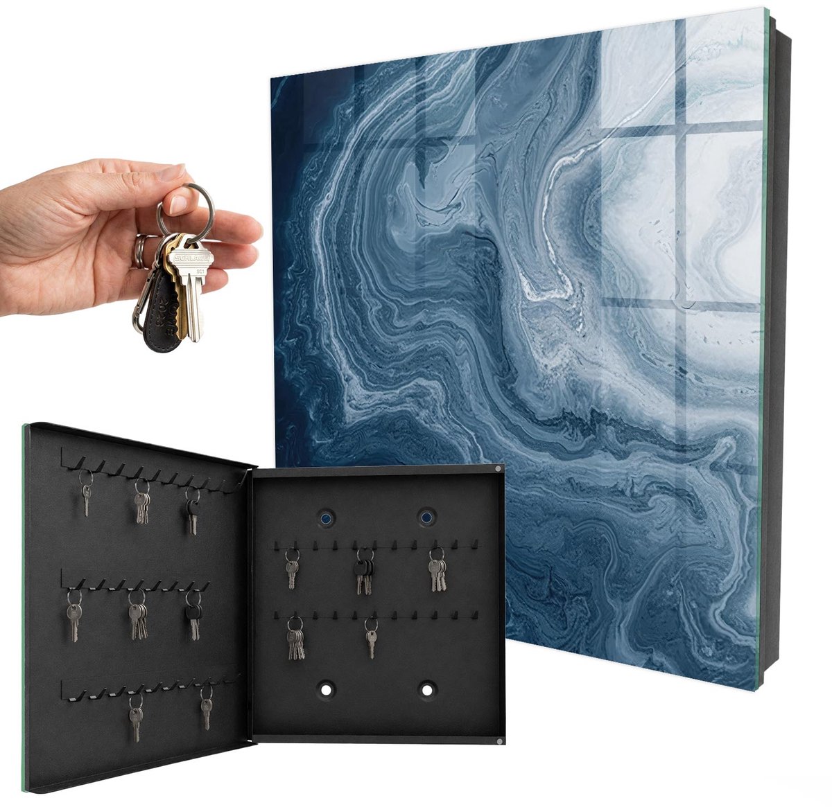 WallMuralia - Sleutelkast - 30x30x5 cm - met 50 haken - Kosmische Wervel Sleutelkastje Binnen - Marine Sleutelbox - Linksopenend - Zwart interieur