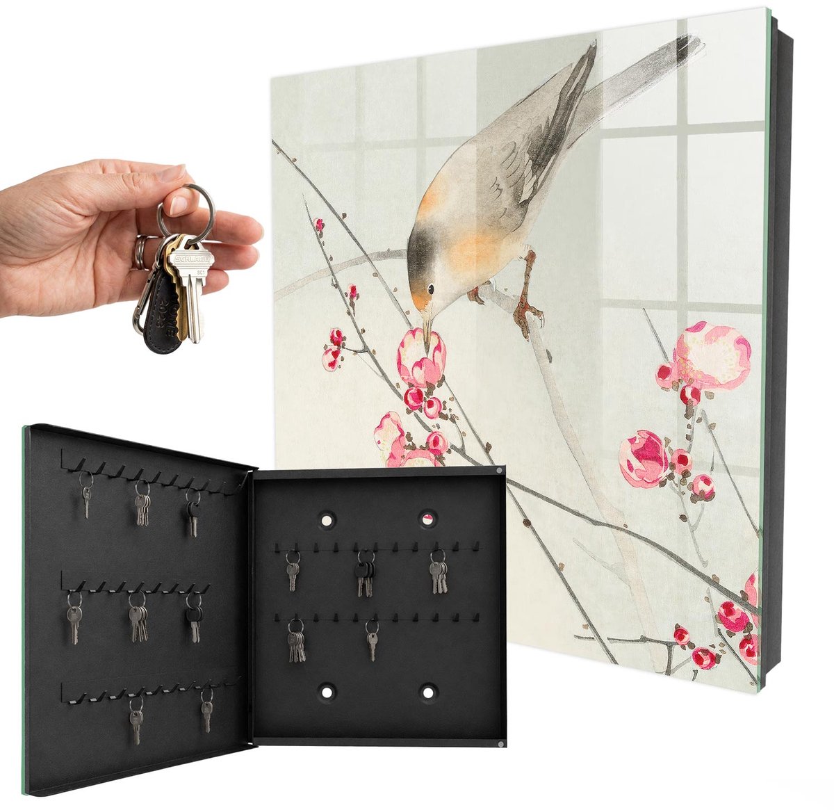 WallMuralia - Sleutelkast - 30x30x5 cm - met 50 haken - Vogelbloemen Leuk Sleutelkastje - Grijs Sleutelbox - Linksopenend - Zwart interieur