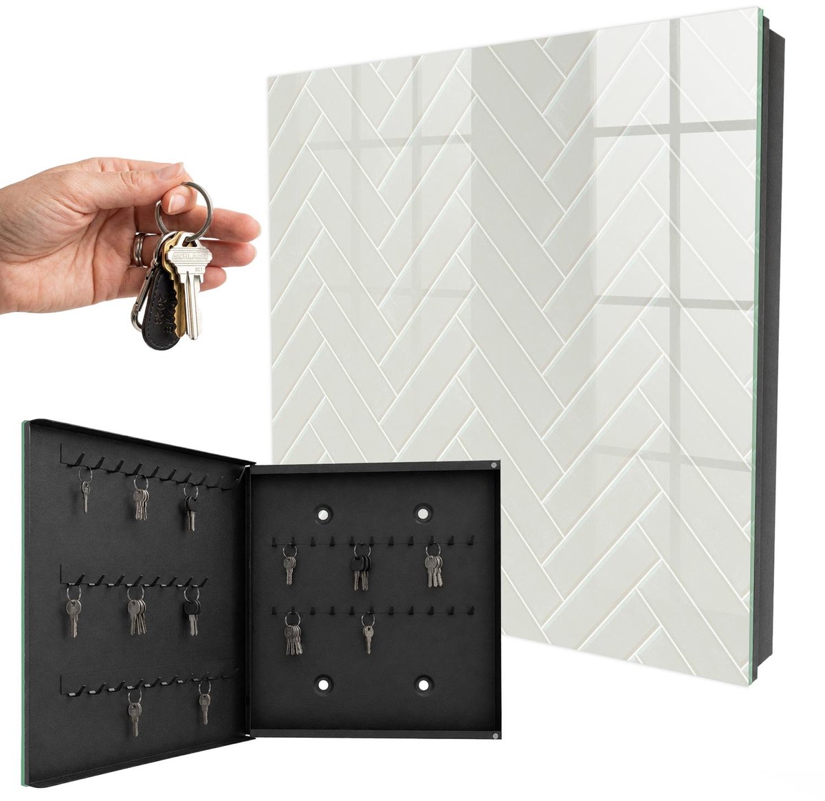 WallMuralia - Sleutelkast - 30x30x5 cm - met 50 haken - Subtiele Visgraat Sleutelkastje Modern - Beige Sleutelbox - Linksopenend - Zwart interieur