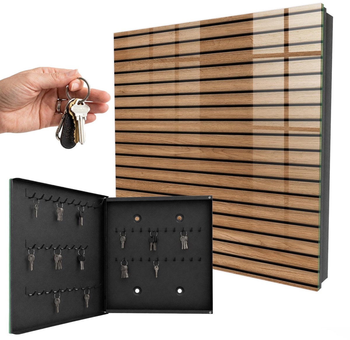 WallMuralia - Sleutelkast - 30x30x5 cm - met 50 haken - Houten Panelen Sleutelkastje Industrieel - Bruin Sleutelbox - Linksopenend - Zwart interieur